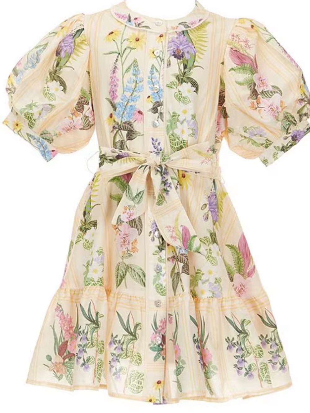 Big Girls Bubble Sleeve Floral Print Tie Front Dress